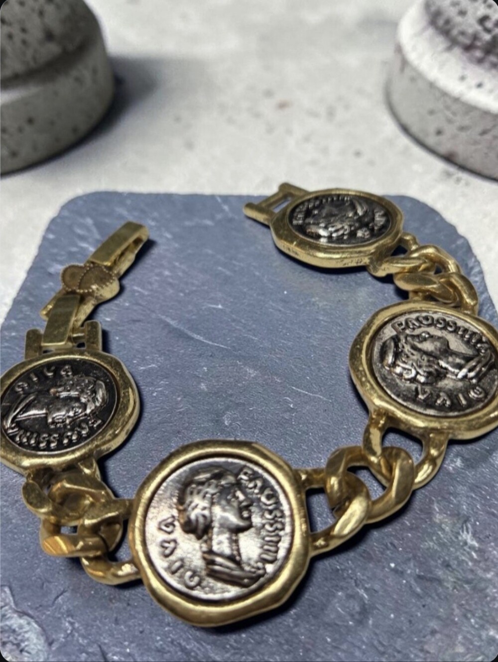 Ancient Coin 2 Tone Chunky Weighty Heavy Matte Gold Choker Statement Bracelet